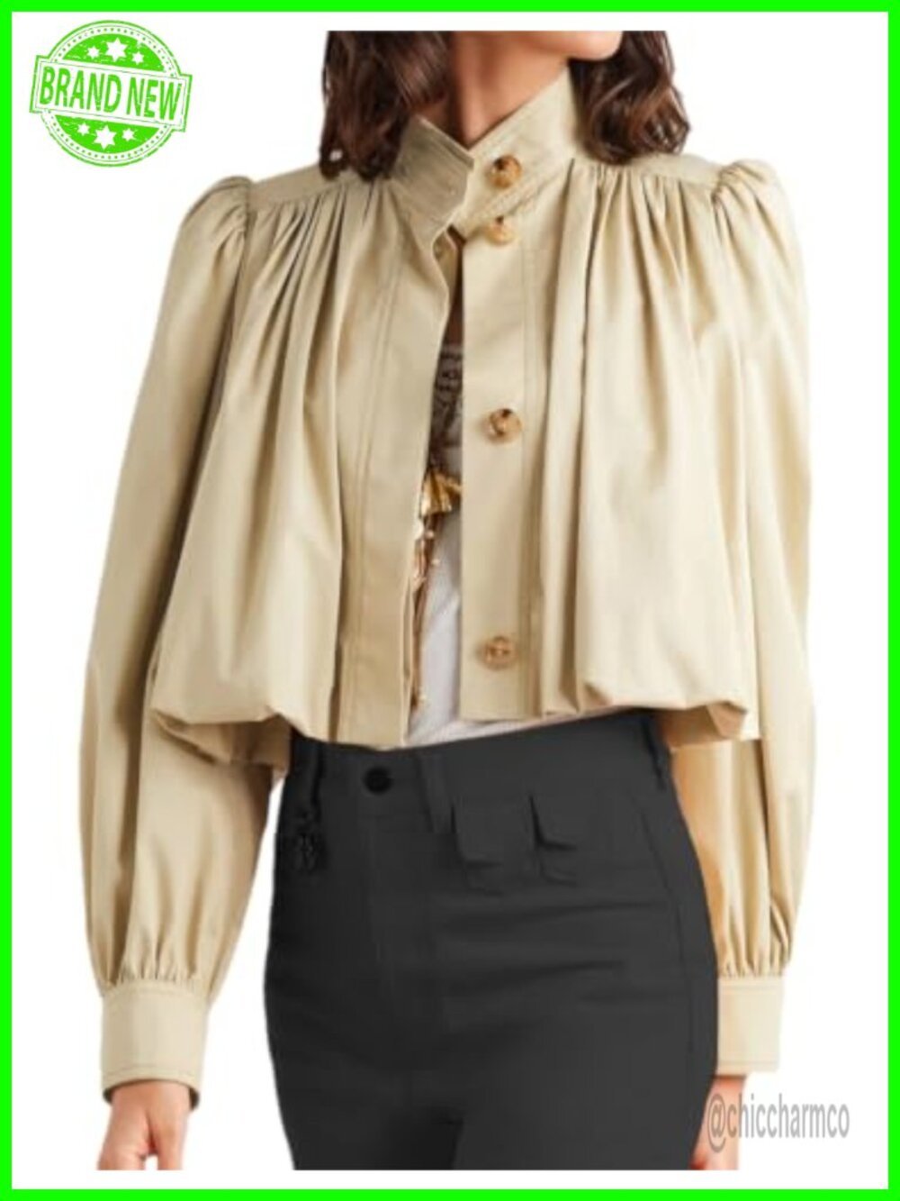 Cropped Pleated Jacket Button Trench Coat Casual Outwear Cotton Long Puff Sleeve